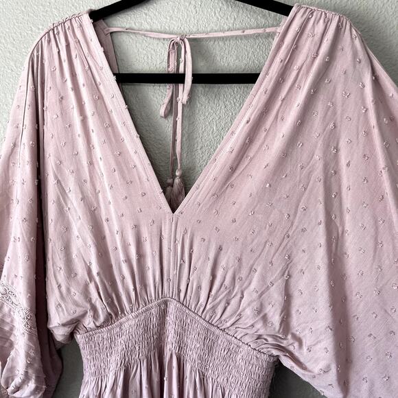 Boho Swiss Dot Crochet Accent Open Tassel Tie Back Womens Balloon Sleeve Dress S - Picture 7 of 14